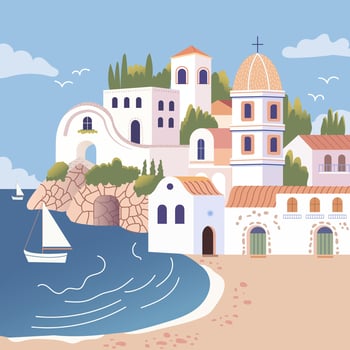 Delightful and Charming Coastal Village Illustration Featuring Beautiful Mediterranean Architecture vector