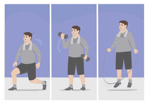 Man Performing Different Exercises Lunges, Dumbbell Curls, and Jumping Rope vector