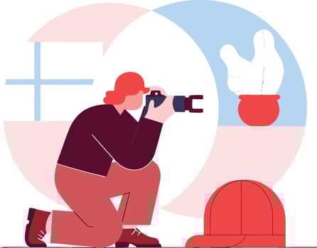 Woman Photographer Kneeling Captures Cactus Pot Indoor Shot vector
