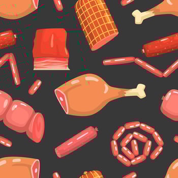 Different Meat Products Seamless Pattern, Meat Delicatessen Design Element Can Be Used for Fabric, Wallpaper, Packaging, Web Page Illustration vector