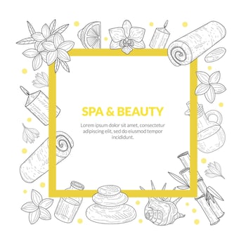 Spa and Beauty Banner Template, Organic Natural Cosmetics and Accessories Seamless Pattern, Beauty, Relax and Natural Medicine, Flyer, Coupon, Certificate, Promotional Leaflet Illustration vector