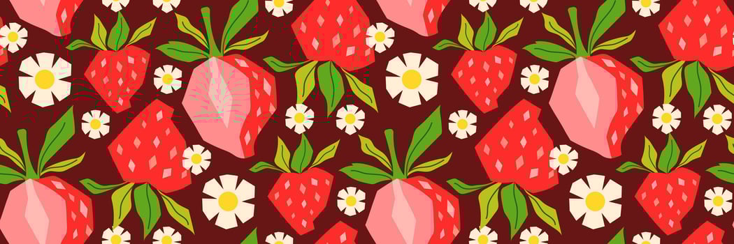 Summer geometric strawberry seamless pattern. Berry, green leaves, and daisy on red background. Perfect for textiles, packaging, seasonal menu, summer cocktail. flat illustration. vector