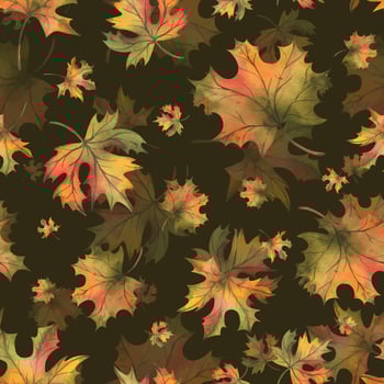 Autumn orange maple leaves fall. Hand drawn watercolor illustration. Seamless pattern on a dark brown background Thanksgiving, Harvest, Halloween vector