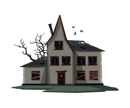 Scary House with Boarded Up Windows and Birds Flying Around, Halloween Haunted Cottage Illustration vector
