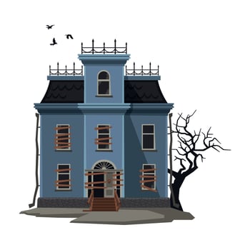 Abandoned Majestic Mansion with Creepy Tree and Birds Flying Around, Halloween Haunted House Illustration vector