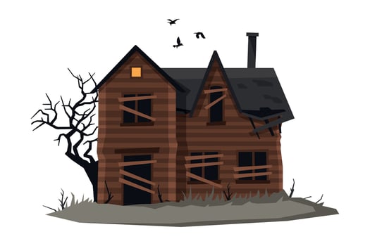 Scary Abandoned Wooden House with Boarded Up Windows and Birds Flying Around, Halloween Haunted Cottage Illustration on White Background vector