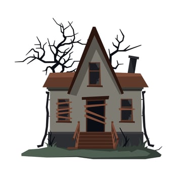 Scary Abandoned House with Boarded Up Windows, Halloween Haunted Small Cottage Illustration on White Background vector