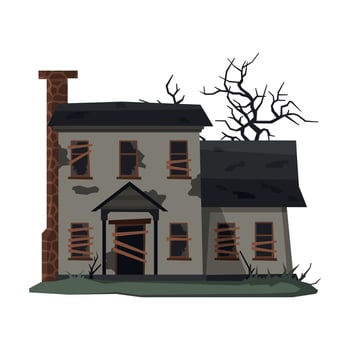 Scary Mansion, Abandoned Two Storey House Building with Boarded Up Windows and Creepy Trees Illustration on White Background vector