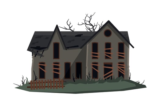 Scary Mansion, Abandoned Two Storey House Building with Boarded Up Windows Illustration on White Background vector