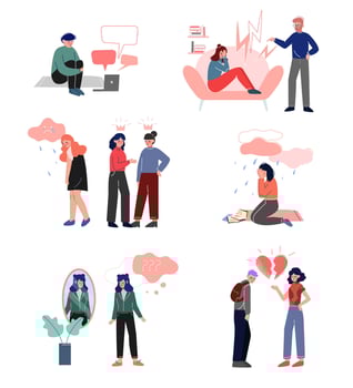 Depressed Teenagers Set, Cyber Bullying, Conflict with Parents, Depression, Unrequited Love, Teenage Puberty Problems Concept Illustration vector