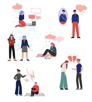 Depressed Teenagers Set, Bullying, Conflict with Parents, Depression, Unrequited Love, Teenage Puberty Problems Concept Illustration vector