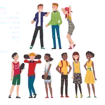 Happy Teenagers Set, Cheerful Teen Boy and Gilrs Wearing Fashionable Clothes, Happy Students, Classmates or Friends Positive Characters Cartoon Style Illustration vector