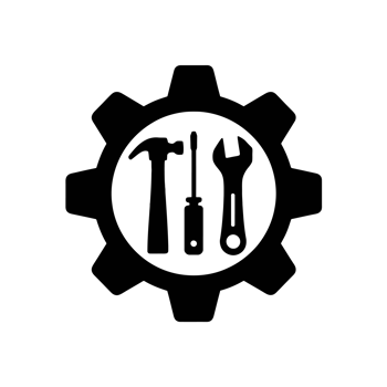 A black silhouette of a hammer, screwdriver, and wrench is placed inside a gear shape, symbolizing tools and machinery cutouts png