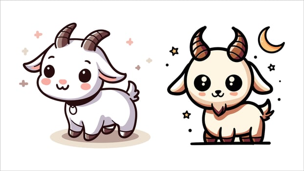 set of two cute cartoon goats sheep with kawaii big eyes and happy faces, kids designs, books, animal themed content, Islamic Eid al-Adha poster social media website vector