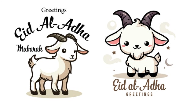 Adorable kawaii cute cartoon goat or sheep illustration with Eid Al-Adha Greetings text, poster educational children social media post vector