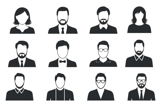 Set of Twelve Anonymous People Icons Including Men and Women in Business Attire and Casual Wear in Black and White Illustration vector