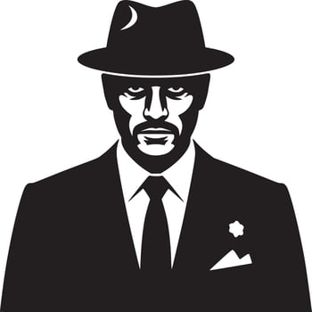 A stern man in a suit and hat with a moon design in black and white illustration style art vector