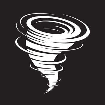 White tornado illustration on a black background showing swirling motion and abstract design elements vector
