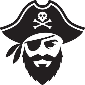 A black and white graphic of a pirate with a hat, beard, and eye patch on a white background vector