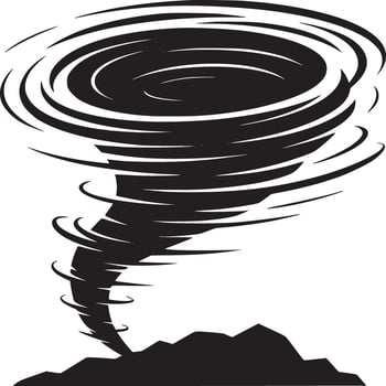 A black and white illustration of a tornado touching down over a dark jagged land formation below it vector