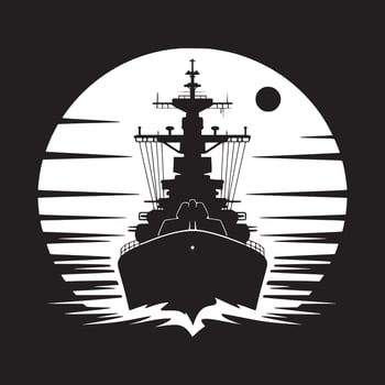 Silhouette of a warship against a white circle with a black background and a small black circle vector