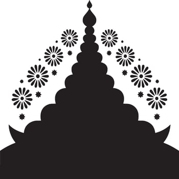 Black silhouette of layered structure with flower and star accents on a white background design art vector