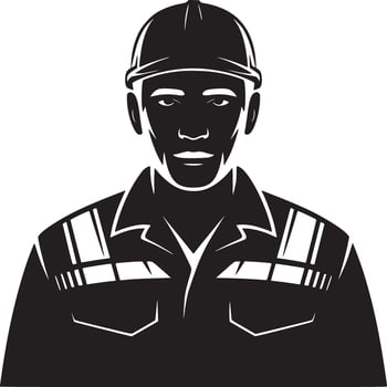 A black and white graphic of a construction worker wearing a hard hat and work jacket illustration vector