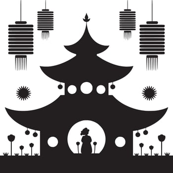 Silhouette of a pagoda with hanging lanterns and a figure in a doorway in a stylized illustration vector