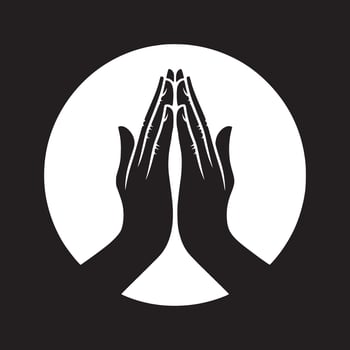 Two hands pressed together in prayer against a white circle on a black background design art vector