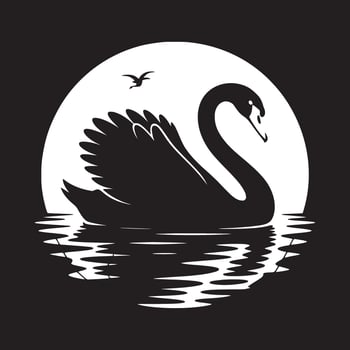 A monochrome illustration of a swan swimming in water with a bird and a moon in the background vector