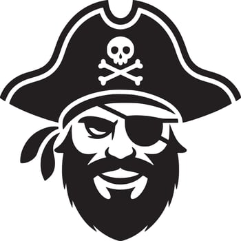 A black and white graphic of a pirate with a beard and eye patch wearing a pirate hat with skull vector