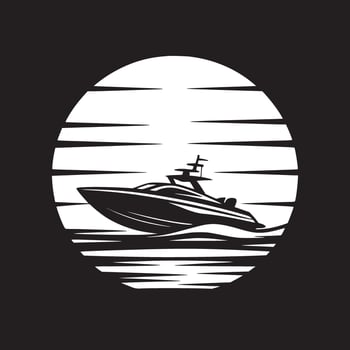 A monochrome silhouette of a yacht sailing on water against a white circular background with black lines vector