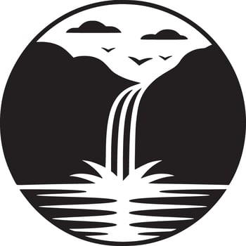 Black and white illustration of a waterfall landscape inside a circle with birds and clouds above vector