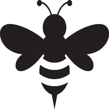 A simple graphic of a black bee with white stripes on a white background in a minimalist style vector