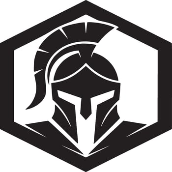 A spartan helmet within a black hexagon outline on a white background in a minimalist style vector