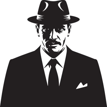 Man in suit and fedora hat with a mustache in black and white art style looking at the viewer vector