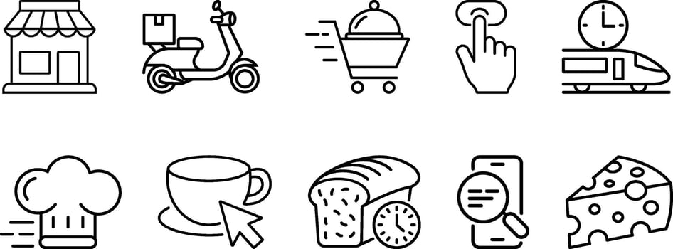 Black and White Icon Set Illustrating Food Delivery and Dining Concepts vector