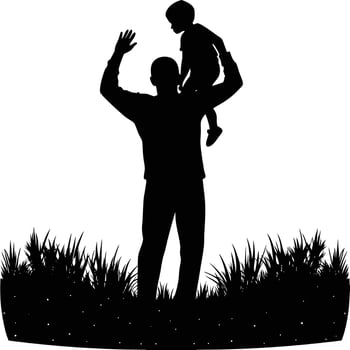 Father lifting son onto his shoulders against white background in a grassy field vector