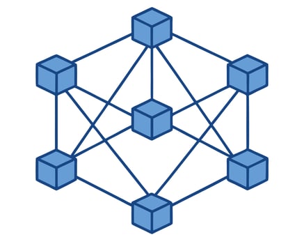 Abstract illustration of connected cubes representing a decentralized data network in blue. vector