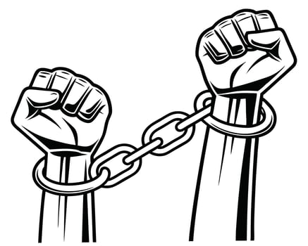 Symbolic black and white illustration of fists clenched in shackles representing freedom vector