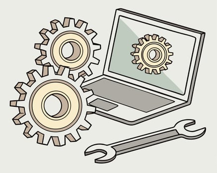 Laptop gears and wrench illustration representing software technology and repair vector