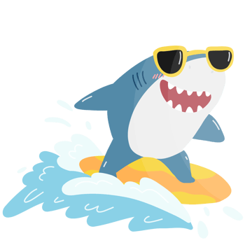 Shark with yellow sunglass riding wave and have fun png