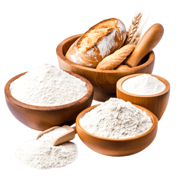 Freshly Milled Flour with Artisan Bread and Wheat Stalks in Rustic Wooden Bowls png