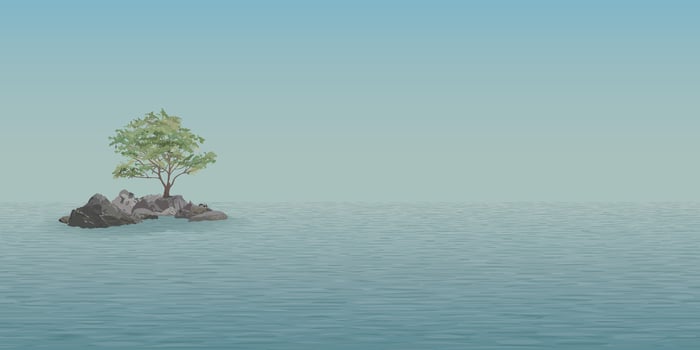Minimalist seascape with lonely tree grows on the rocks in the middle of the sea have blue sky background graphic illustration. vector