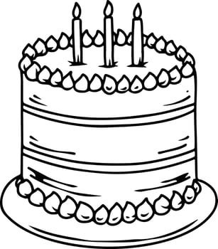 Birthday cake with three candles black and white line art vector