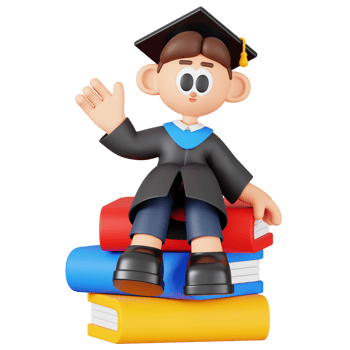 Graduate Man Sitting on Books Waving Isolated. Cartoon Boy Student Character. 3D Illustration png