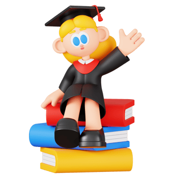 Graduate Woman Sitting on Stack of Books Isolated. Cartoon Girl Student Character. 3D Illustration png
