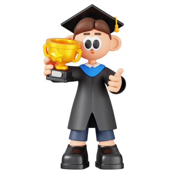 Graduate Man Holding Trophy and Showing Thumbs Up Isolated. 3D Cartoon Boy Student Character. 3D Illustration png