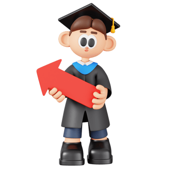 Graduate Man Holding Upward Arrow of Achievement Isolated. 3D Cartoon Boy Student Character. 3D Illustration png