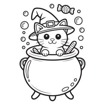 Witch Cat in Cauldron Surrounded by Halloween Candy Fun Coloring Page vector